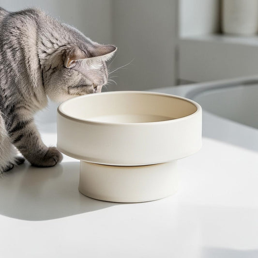 Rygok Elevated Ceramic Cat Bowl - 15° Tilted Stress-Free Feeding Station - Orthopedic Pet Bowl for Small Dogs & Cats - Dishwasher Safe - Cream White